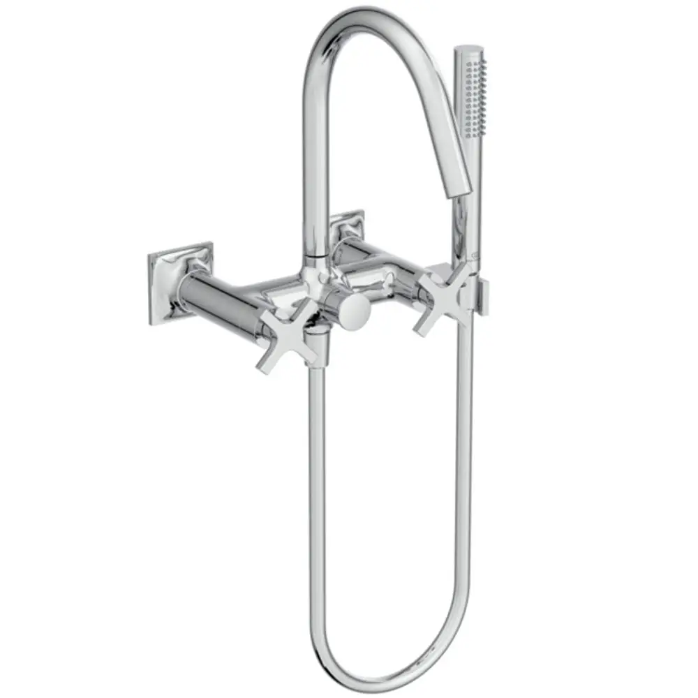 Wandmontierte Badearmatur mit zwei Kreuzgriffen, aus Chrom, von Ideal Standard. Verfügt über einen Handbrauseanschluss und hat eine gebogene Auslauf-Form.